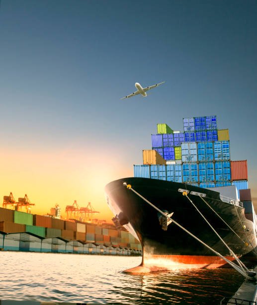 ship and container box and cargo plane flying over shipping dock use for logistic and international transportation
