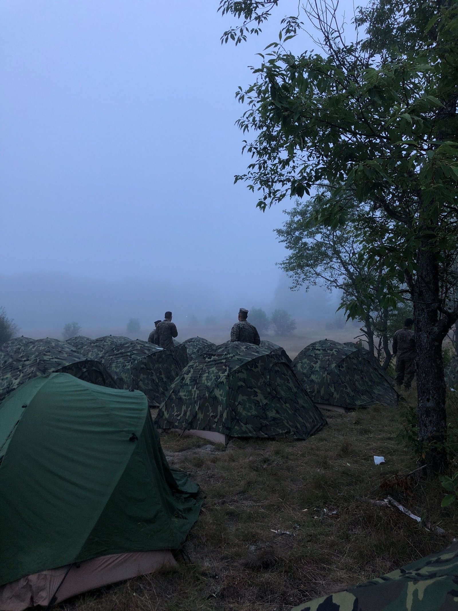 Soldiers stand among tents in a misty field, trees visible nearby